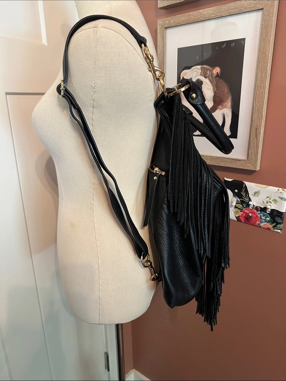 G.I.L.I pebbled black Fringe Leather Hobo backpack shoulder gold cinch purse